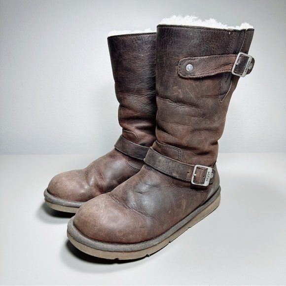Ugg  Rare Kensington Wax Brown Sheepskin ShearlingBuckle  Boots - Picture 4 of 16